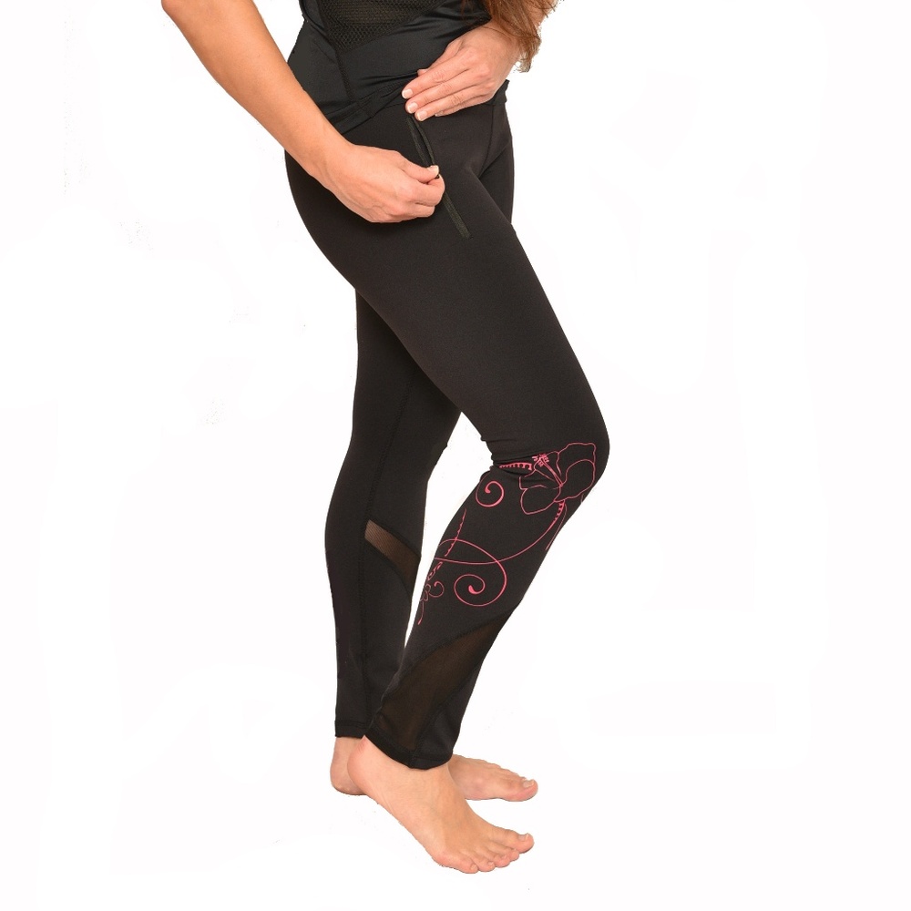 Hawaiian Pink Hibiscus Tattoo Mesh Long Yoga Pants